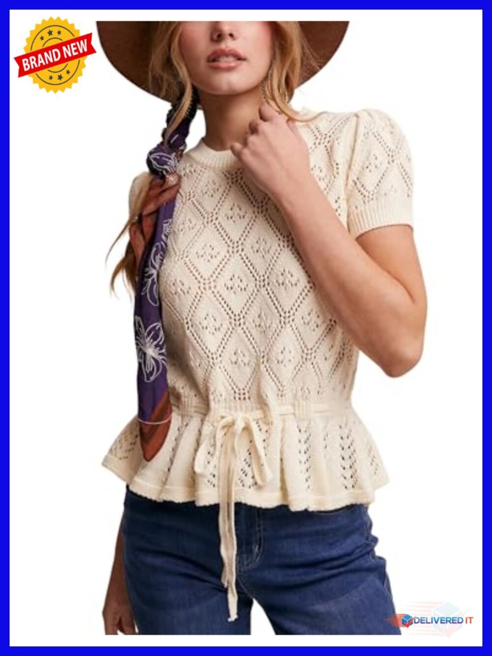 Women Crochet Knit Pullover Sweater Peplum Top Lightweight Hollow Out